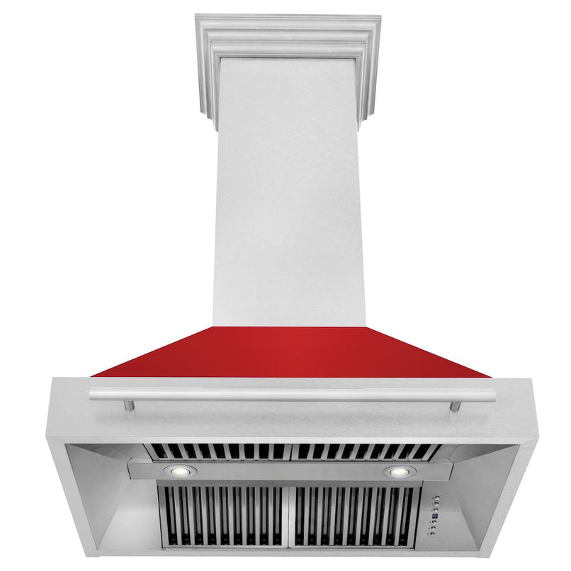 ZLINE 36 in. Satin Stainless Steel Wall Mount Range Hood with Red Matte Shell and Stainless Steel Handle (8654SNX-RM-36) front, under.