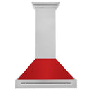 ZLINE 36 in. Satin Stainless Steel Wall Mount Range Hood with Red Matte Shell and Stainless Steel Handle (8654SNX-RM-36) front.