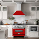 ZLINE 36 in. Satin Stainless Steel Wall Mount Range Hood with Red Matte Shell and Stainless Steel Handle (8654SNX-RM-36) in a luxury kitchen.