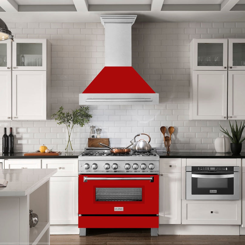 ZLINE 36 in. Satin Stainless Steel Wall Mount Range Hood with Red Matte Shell and Stainless Steel Handle (8654SNX-RM-36) in a luxury kitchen.
