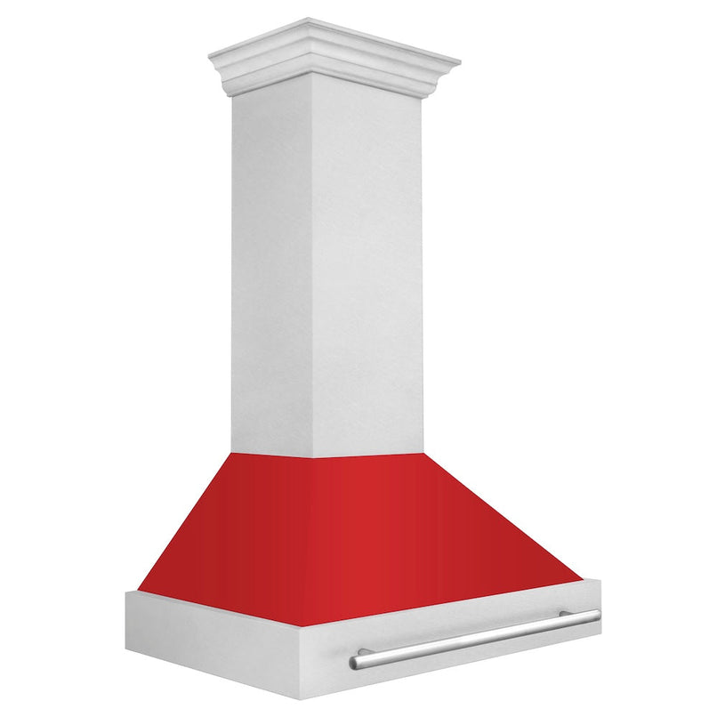 ZLINE 36 in. Satin Stainless Steel Wall Mount Range Hood with Red Matte Shell and Stainless Steel Handle (8654SNX-RM-36) side.