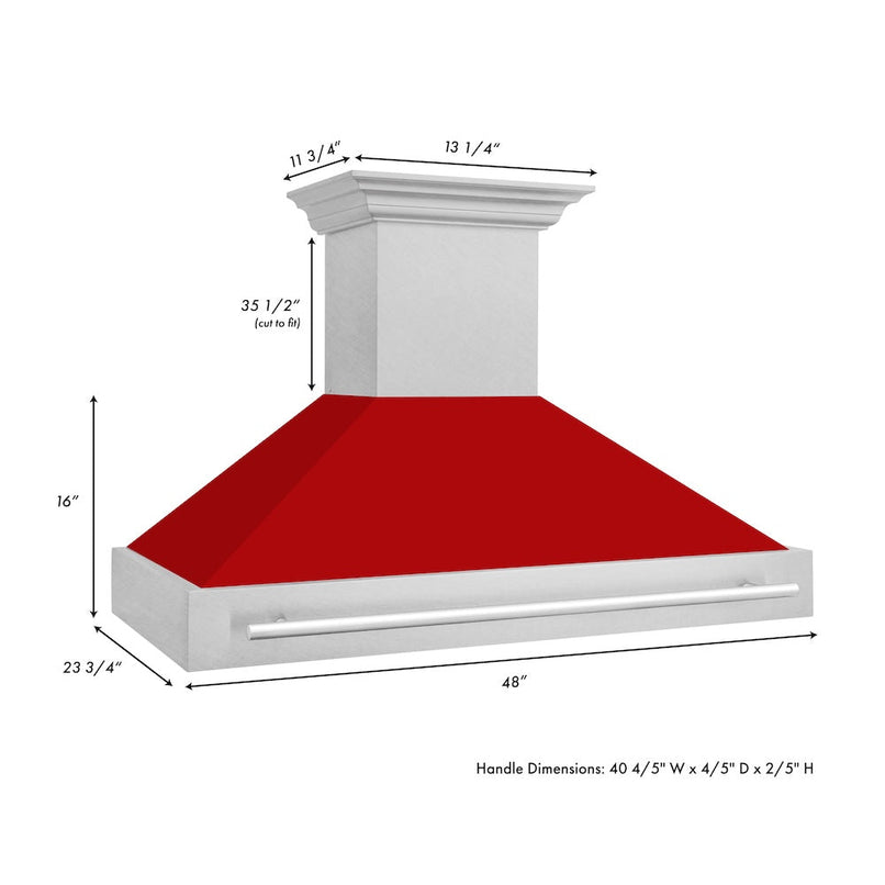 ZLINE 48 in. Satin Stainless Steel Wall Mount Range Hood with Red Matte Shell and Stainless Steel Handle (8654SNX-RM-48) dimensional diagram.