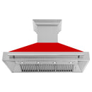 ZLINE 48 in. Satin Stainless Steel Wall Mount Range Hood with Red Matte Shell and Stainless Steel Handle (8654SNX-RM-48) front, under.