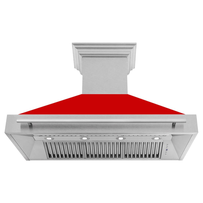 ZLINE 48 in. Satin Stainless Steel Wall Mount Range Hood with Red Matte Shell and Stainless Steel Handle (8654SNX-RM-48) front, under.