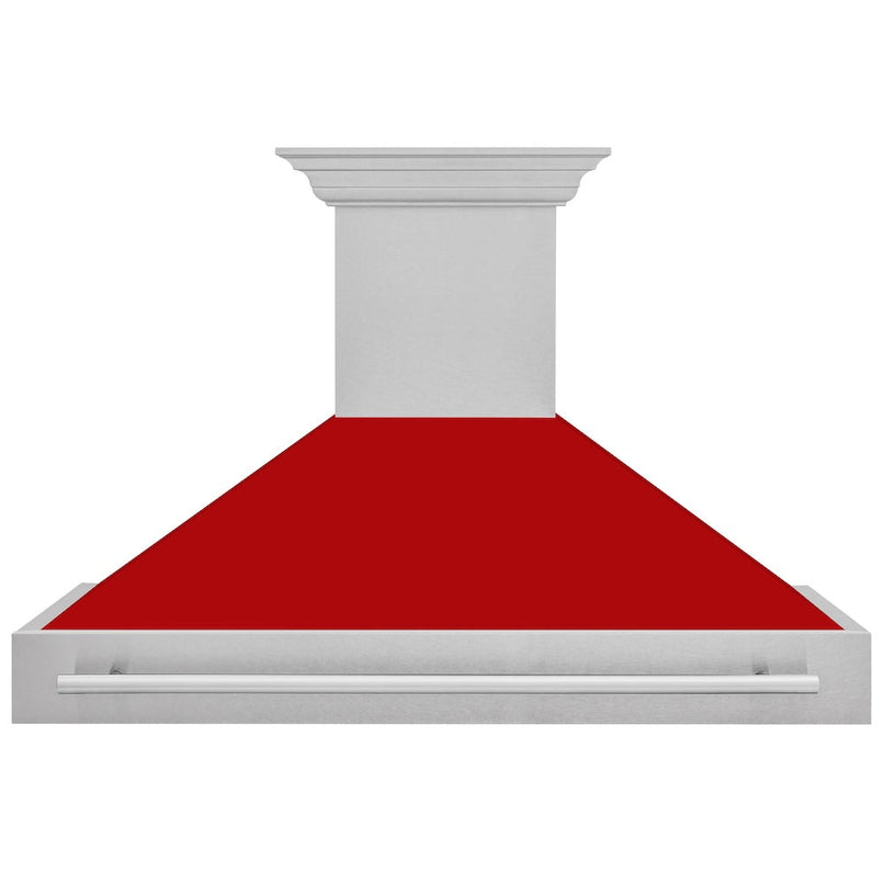 ZLINE 48 in. Satin Stainless Steel Wall Mount Range Hood with Red Matte Shell and Stainless Steel Handle (8654SNX-RM-48) front.