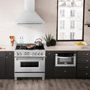 ZLINE 36 in. Satin Stainless Steel Wall Mount Range Hood with Stainless Steel Handle (8654SNX-36) in a luxury kitchen.