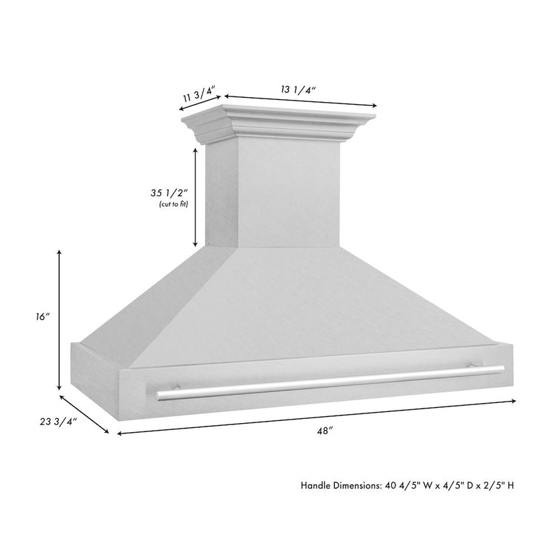 ZLINE 48 in. Satin Stainless Steel Wall Mount Range Hood with Stainless Steel Handle (8654SNX-48) dimensional diagram.