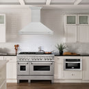 ZLINE 48 in. Satin Stainless Steel Wall Mount Range Hood with Stainless Steel Handle (8654SNX-48) in a luxury kitchen.