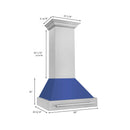 ZLINE 30 in. Satin Stainless Steel Wall Mount Range Hood with Blue Matte Shell and Stainless Steel Handle (8654SNX-BM-30) dimensional diagram.