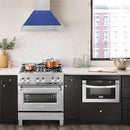 ZLINE 30 in. Satin Stainless Steel Wall Mount Range Hood with Blue Matte Shell and Stainless Steel Handle (8654SNX-BM-30) in a luxury kitchen.