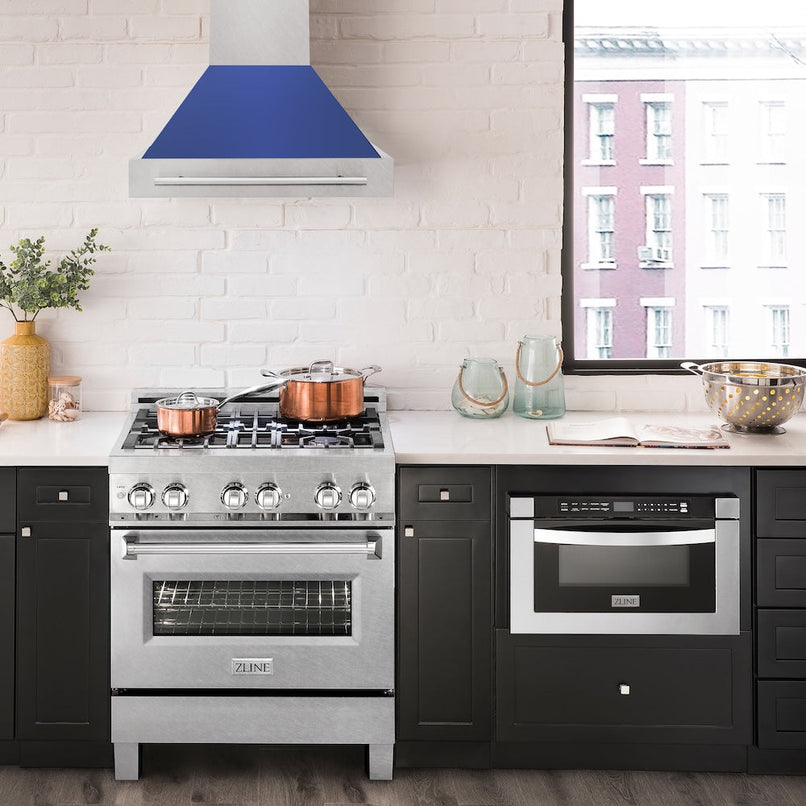 ZLINE 30 in. Satin Stainless Steel Wall Mount Range Hood with Blue Matte Shell and Stainless Steel Handle (8654SNX-BM-30) in a luxury kitchen.