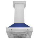 ZLINE 30 in. Satin Stainless Steel Wall Mount Range Hood with Blue Matte Shell and Stainless Steel Handle (8654SNX-BM-30) front, under.