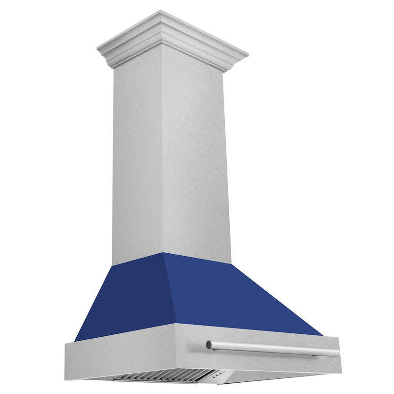 ZLINE 30 in. Satin Stainless Steel Wall Mount Range Hood with Blue Matte Shell and Stainless Steel Handle (8654SNX-BM-30)