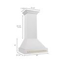 ZLINE Autograph Edition 30 in. Satin Stainless Steel Wall Mount Range Hood with Polished Gold Handle (8654SNZ-30-G) dimensional diagram.