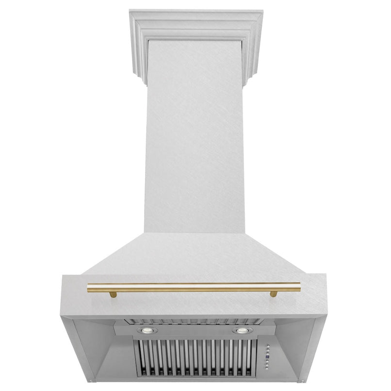 ZLINE Autograph Edition 30 in. Satin Stainless Steel Wall Mount Range Hood with Polished Gold Handle (8654SNZ-30-G) front, under.