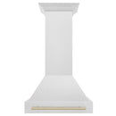 ZLINE Autograph Edition 30 in. Satin Stainless Steel Wall Mount Range Hood with Polished Gold Handle (8654SNZ-30-G) front.