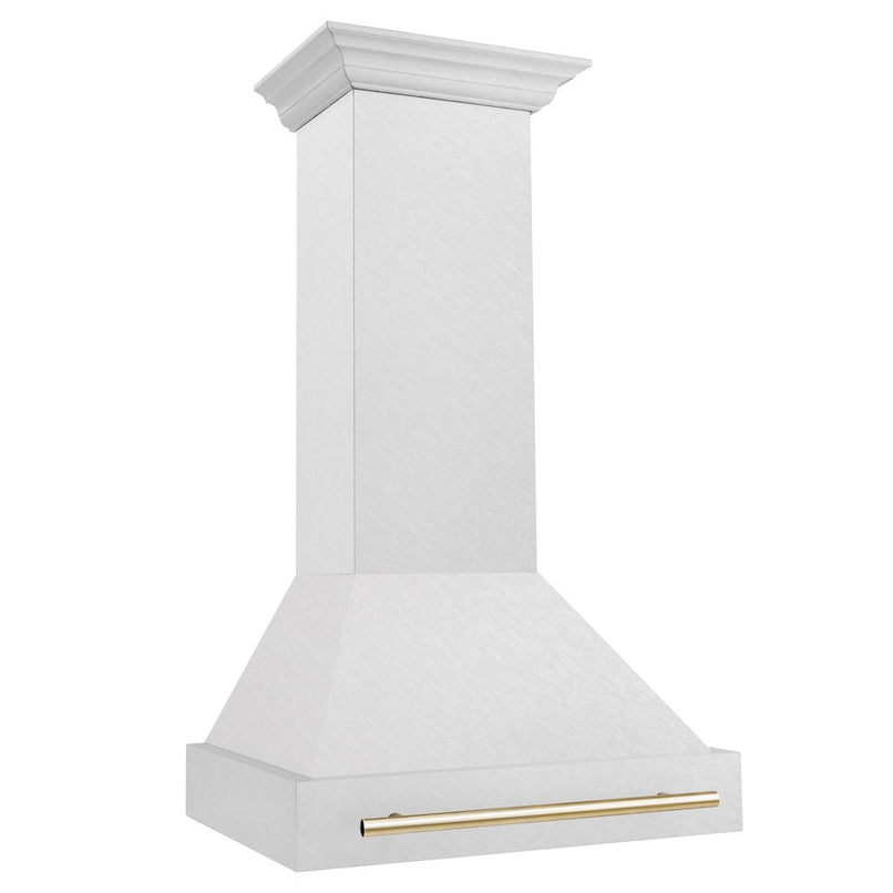 ZLINE Autograph Edition 30 in. Satin Stainless Steel Wall Mount Range Hood with Polished Gold Handle (8654SNZ-30-G) side.