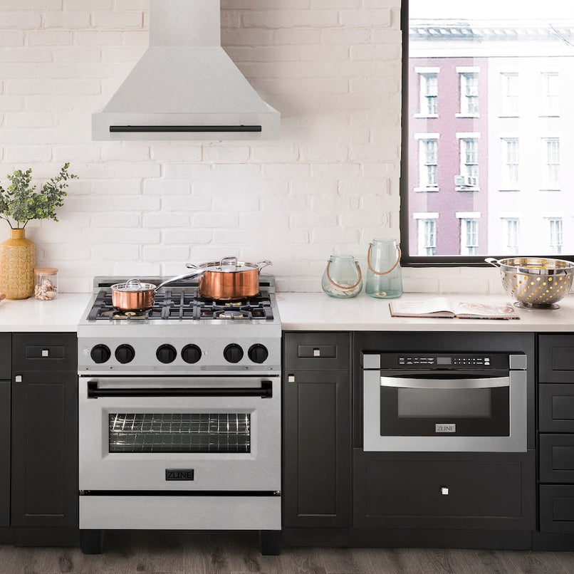 ZLINE Autograph Edition 30 in. Satin Stainless Steel Wall Mount Range Hood with Matte Black Handle (8654SNZ-30-MB) in a luxury kitchen.