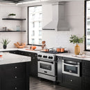 ZLINE Autograph Edition 30 in. Satin Stainless Steel Wall Mount Range Hood with Matte Black Handle (8654SNZ-30-MB) in a luxury kitchen.