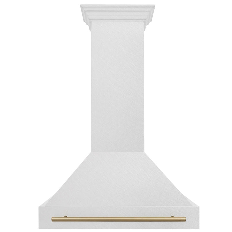 ZLINE Autograph Edition 36 in. Satin Stainless Steel Wall Mount Range Hood with Champagne Bronze Handle (8654SNZ-36-CB) front.