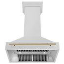 ZLINE Autograph Edition 36 in. Satin Stainless Steel Wall Mount Range Hood with Polished Gold Handle (8654SNZ-36-G) front, under.