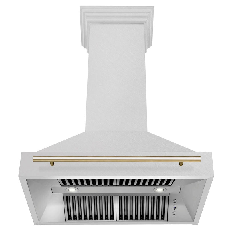 ZLINE Autograph Edition 36 in. Satin Stainless Steel Wall Mount Range Hood with Polished Gold Handle (8654SNZ-36-G) front, under.