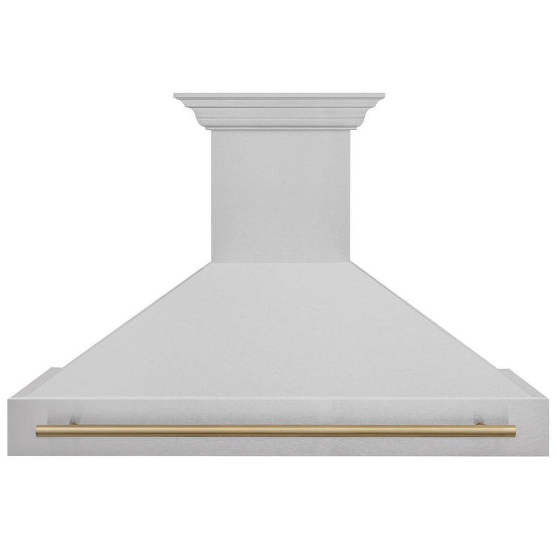 ZLINE Autograph Edition 48 in. Satin Stainless Steel Wall Mount Range Hood with Champagne Bronze Handle (8654SNZ-48-CB) front.