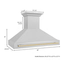 ZLINE Autograph Edition 48 in. Satin Stainless Steel Wall Mount Range Hood with Polished Gold Handle (8654SNZ-48-G) dimensional diagram.