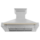 ZLINE Autograph Edition 48 in. Satin Stainless Steel Wall Mount Range Hood with Polished Gold Handle (8654SNZ-48-G) front, under.
