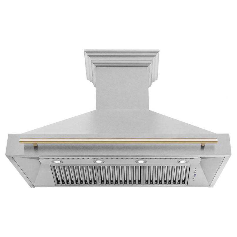 ZLINE Autograph Edition 48 in. Satin Stainless Steel Wall Mount Range Hood with Polished Gold Handle (8654SNZ-48-G) front, under.