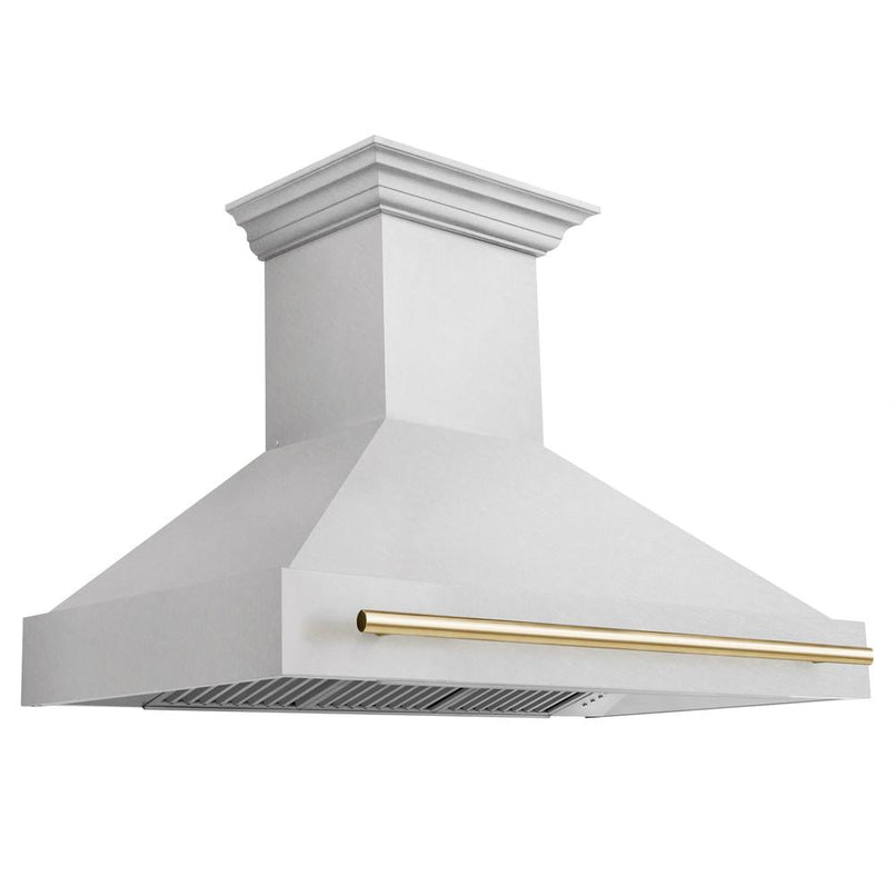 ZLINE Autograph Edition 48 in. Satin Stainless Steel Wall Mount Range Hood with Polished Gold Handle (8654SNZ-48-G)