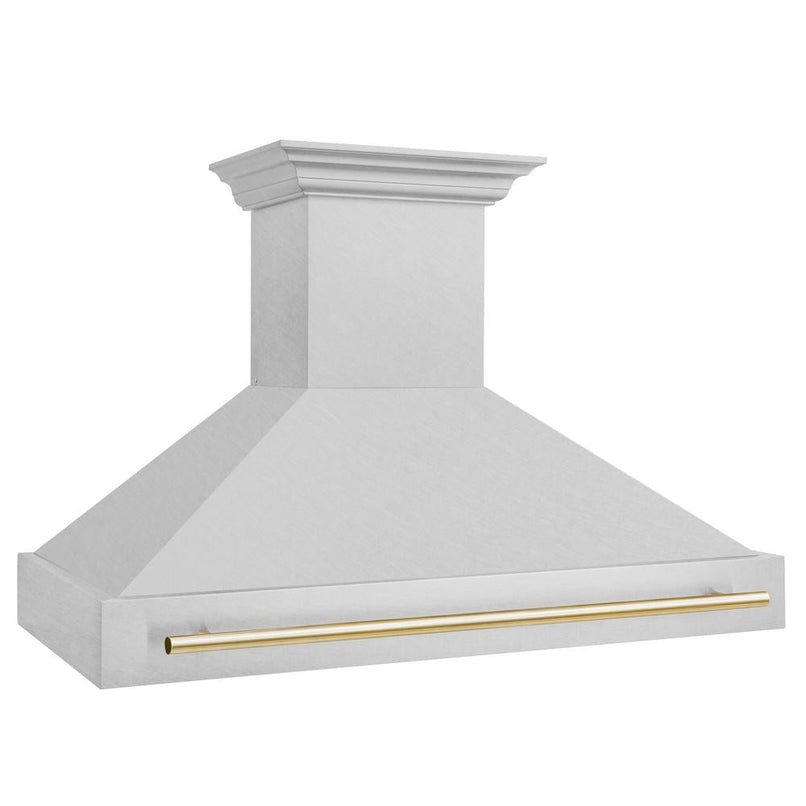 ZLINE Autograph Edition 48 in. Satin Stainless Steel Wall Mount Range Hood with Polished Gold Handle (8654SNZ-48-G) side.