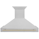 ZLINE Autograph Edition 48 in. Satin Stainless Steel Wall Mount Range Hood with Polished Gold Handle (8654SNZ-48-G) front.