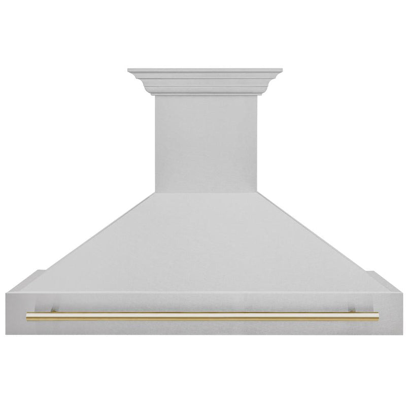 ZLINE Autograph Edition 48 in. Satin Stainless Steel Wall Mount Range Hood with Polished Gold Handle (8654SNZ-48-G) front.