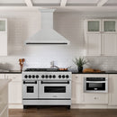 ZLINE Autograph Edition 48 in. Satin Stainless Steel Wall Mount Range Hood with Matte Black Handle (8654SNZ-48-MB) in a luxury kitchen.