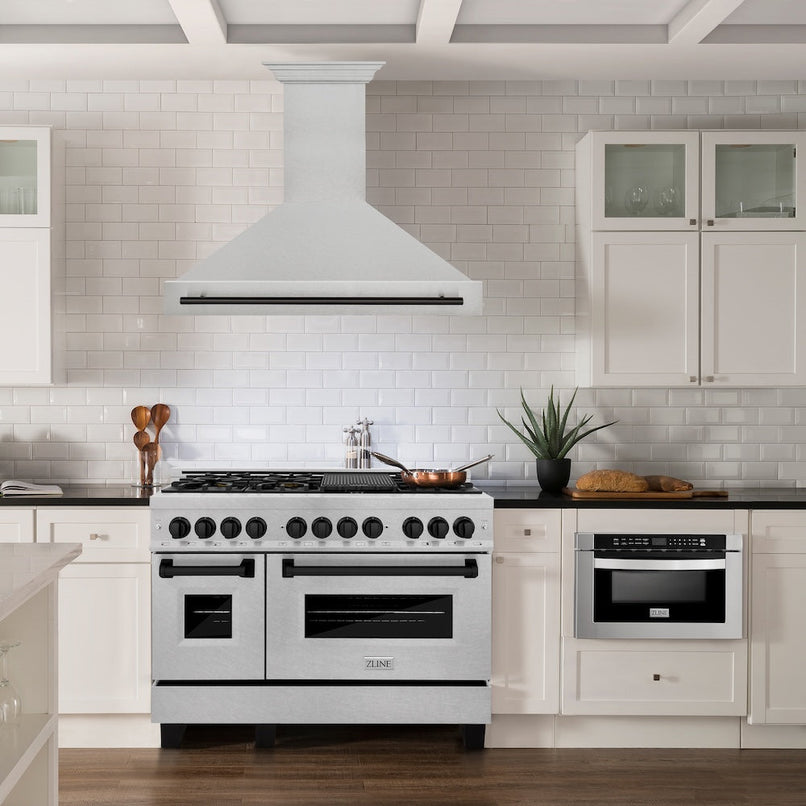 ZLINE Autograph Edition 48 in. Satin Stainless Steel Wall Mount Range Hood with Matte Black Handle (8654SNZ-48-MB) in a luxury kitchen.