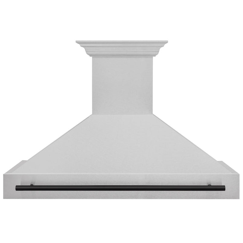 ZLINE Autograph Edition 48 in. Satin Stainless Steel Wall Mount Range Hood with Matte Black Handle (8654SNZ-48-MB) front.