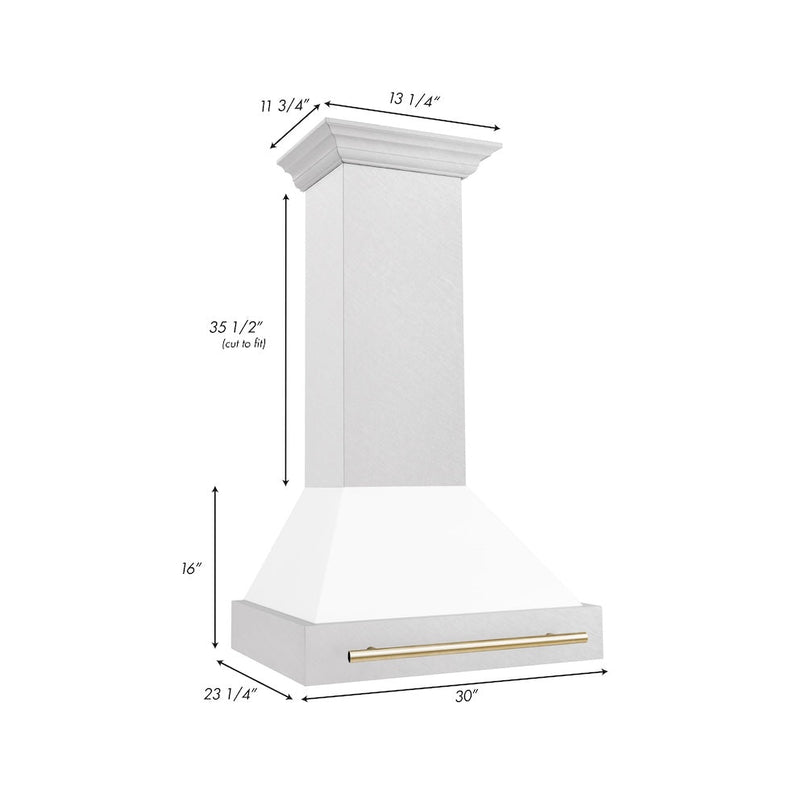 ZLINE Autograph Edition 30 in. Satin Stainless Steel Wall Mount Range Hood with White Matte Shell and Polished Gold Handle (8654SNZ-WM30-G) dimensional diagram.