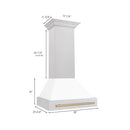 ZLINE Autograph Edition 30 in. Satin Stainless Steel Wall Mount Range Hood with White Matte Shell and Champagne Bronze Handle (8654SNZ-WM30-CB) dimensional diagram.