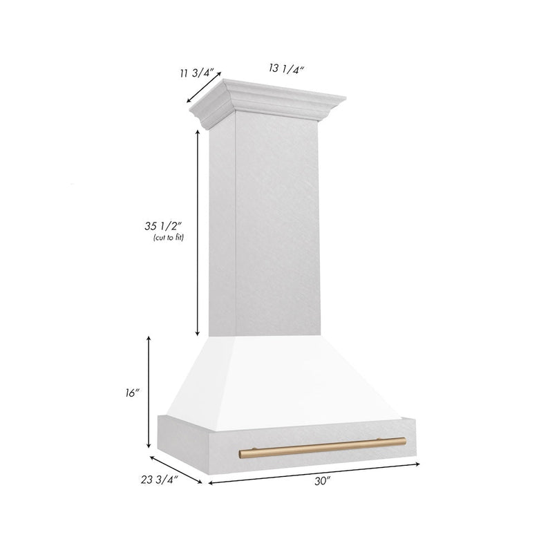 ZLINE Autograph Edition 30 in. Satin Stainless Steel Wall Mount Range Hood with White Matte Shell and Champagne Bronze Handle (8654SNZ-WM30-CB) dimensional diagram.