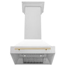 ZLINE Autograph Edition 30 in. Satin Stainless Steel Wall Mount Range Hood with White Matte Shell and Polished Gold Handle (8654SNZ-WM30-G) front, under.