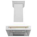 ZLINE Autograph Edition 30 in. Satin Stainless Steel Wall Mount Range Hood with White Matte Shell and Champagne Bronze Handle (8654SNZ-WM30-CB) front, under.
