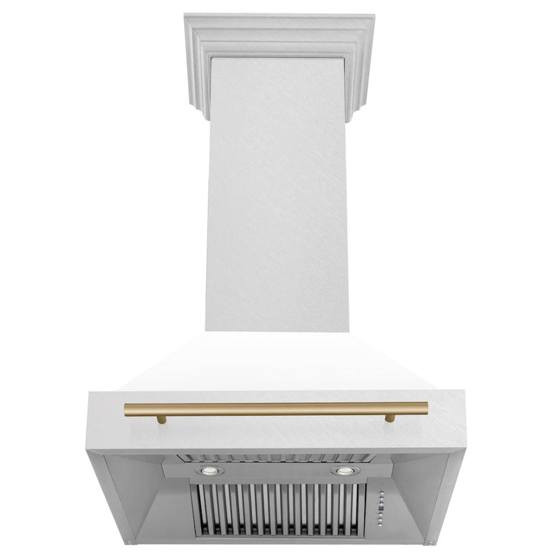 ZLINE Autograph Edition 30 in. Satin Stainless Steel Wall Mount Range Hood with White Matte Shell and Champagne Bronze Handle (8654SNZ-WM30-CB) front, under.