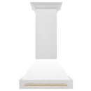 ZLINE Autograph Edition 30 in. Satin Stainless Steel Wall Mount Range Hood with White Matte Shell and Polished Gold Handle (8654SNZ-WM30-G) front.