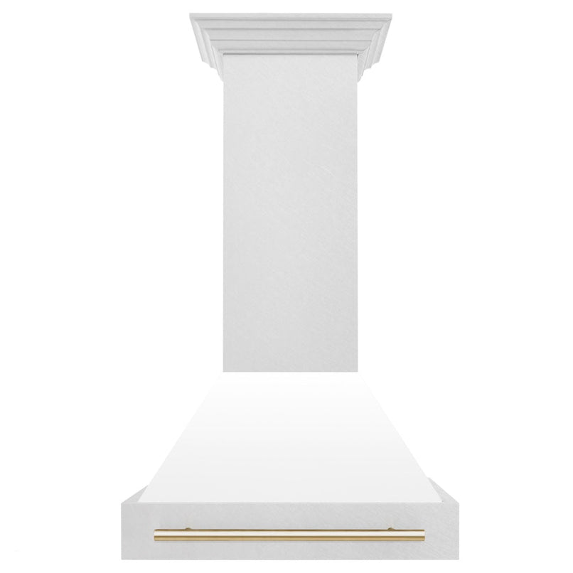 ZLINE Autograph Edition 30 in. Satin Stainless Steel Wall Mount Range Hood with White Matte Shell and Polished Gold Handle (8654SNZ-WM30-G) front.
