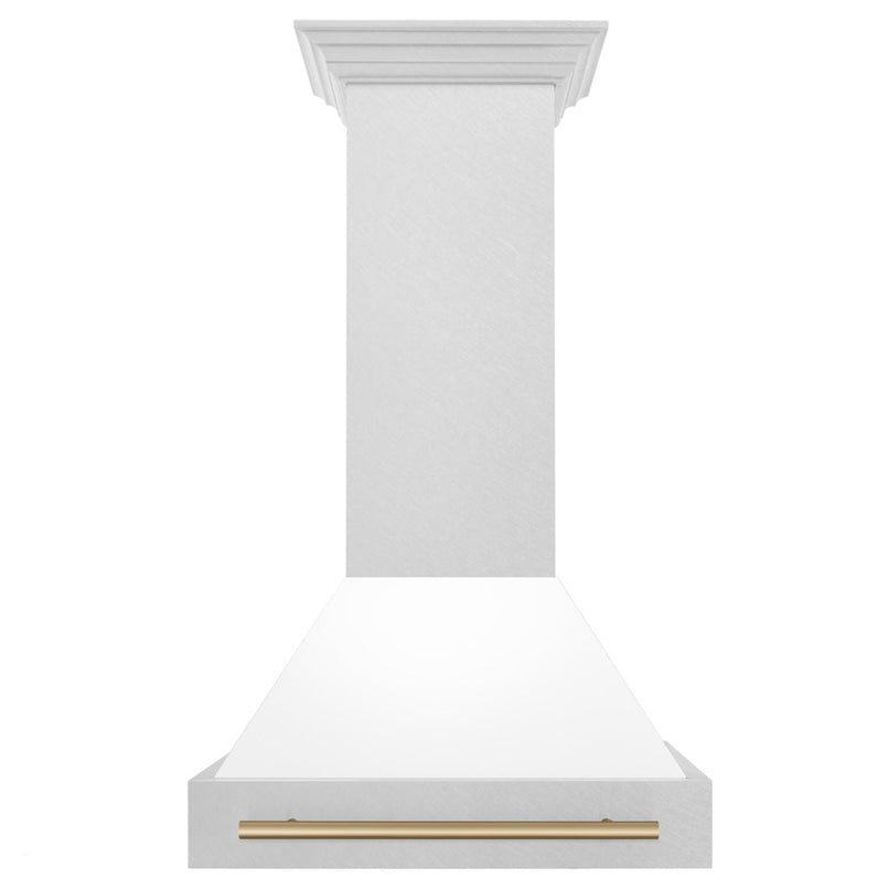 ZLINE Autograph Edition 30 in. Satin Stainless Steel Wall Mount Range Hood with White Matte Shell and Champagne Bronze Handle (8654SNZ-WM30-CB) front.