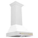ZLINE Autograph Edition 30 in. Satin Stainless Steel Wall Mount Range Hood with White Matte Shell and Polished Gold Handle (8654SNZ-WM30-G)