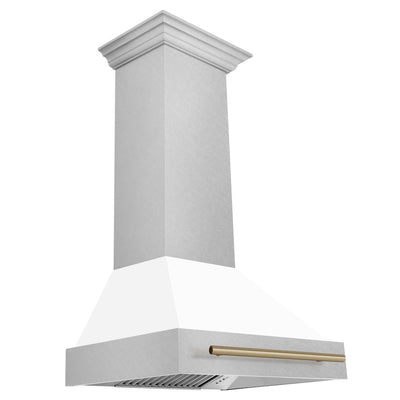 ZLINE Autograph Edition 30 in. Satin Stainless Steel Wall Mount Range Hood with White Matte Shell and Champagne Bronze Handle (8654SNZ-WM30-CB)