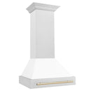 ZLINE Autograph Edition 30 in. Satin Stainless Steel Wall Mount Range Hood with White Matte Shell and Polished Gold Handle (8654SNZ-WM30-G) side.