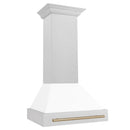 ZLINE Autograph Edition 30 in. Satin Stainless Steel Wall Mount Range Hood with White Matte Shell and Champagne Bronze Handle (8654SNZ-WM30-CB) side.